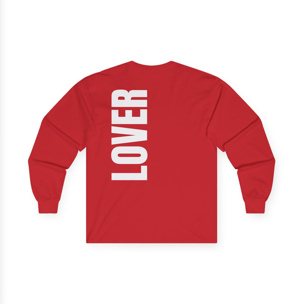 LOVER vertical text Long Sleeve Tee | Minimal back typography, White