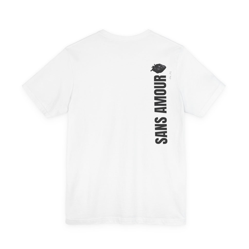 Sans Amour vertical text T-Shirt | White tee with rose back print