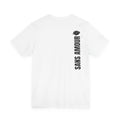Sans Amour vertical text T-Shirt | White tee with rose back print