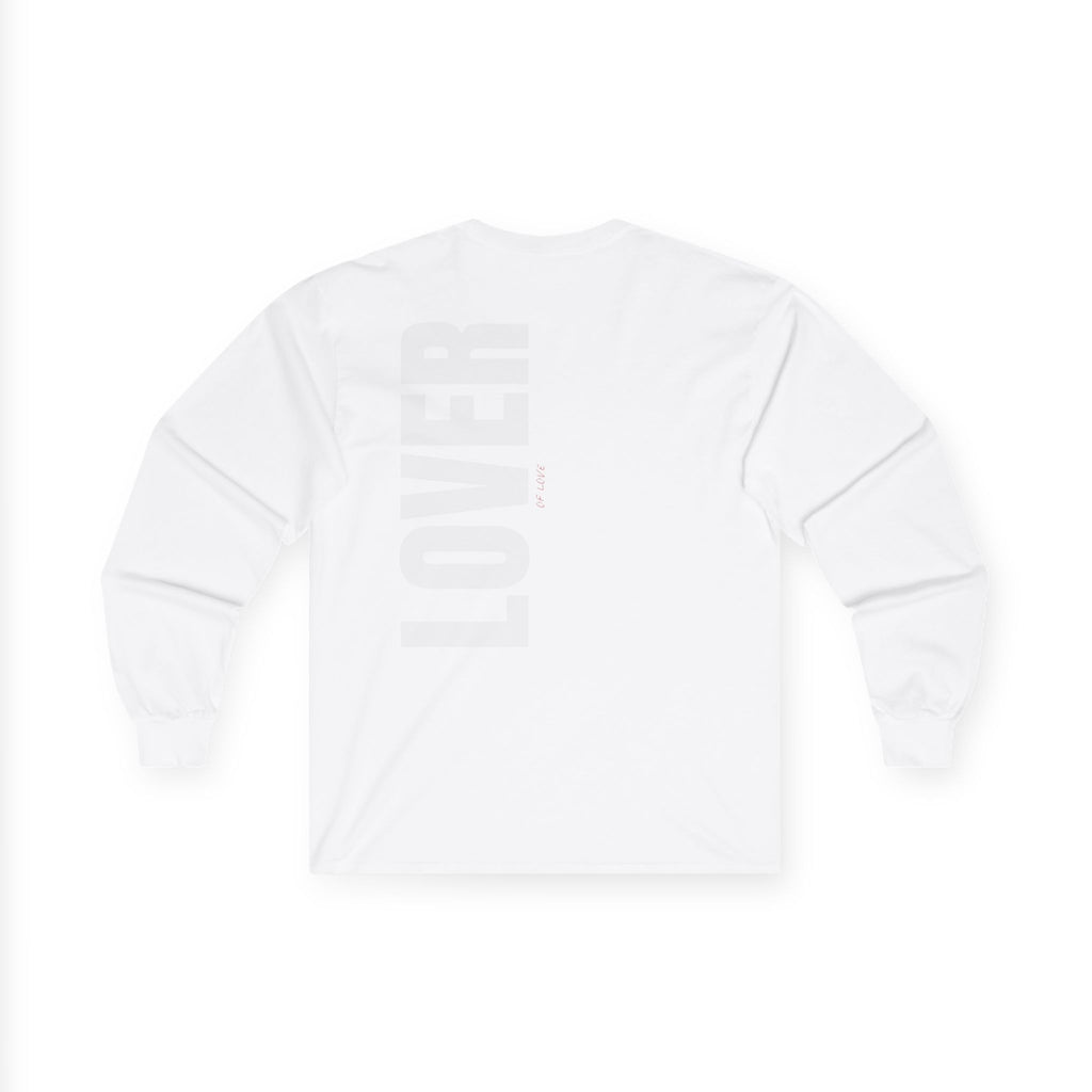 LOVER vertical text Long Sleeve Tee | Minimal back typography, White