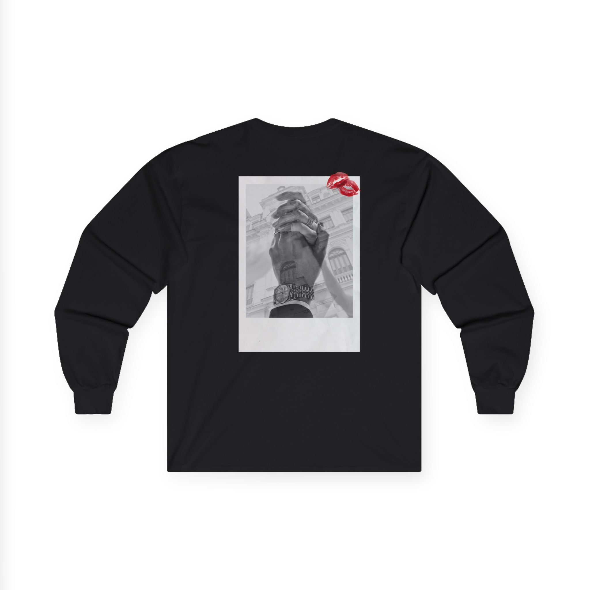 Hand Holding Rose Long Sleeve Tee | Polaroid Photo, Red Lip Print