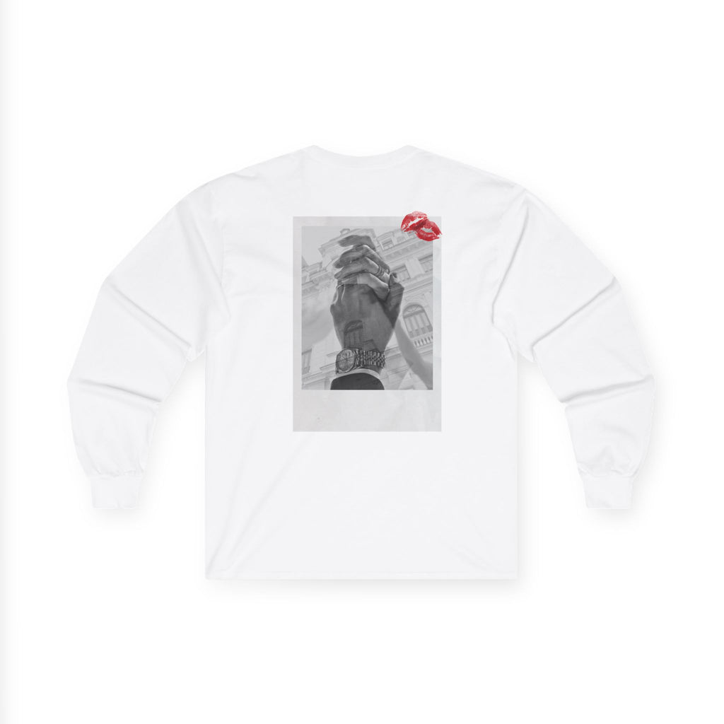 Hand Holding Rose Long Sleeve Tee | Polaroid Photo, Red Lip Print