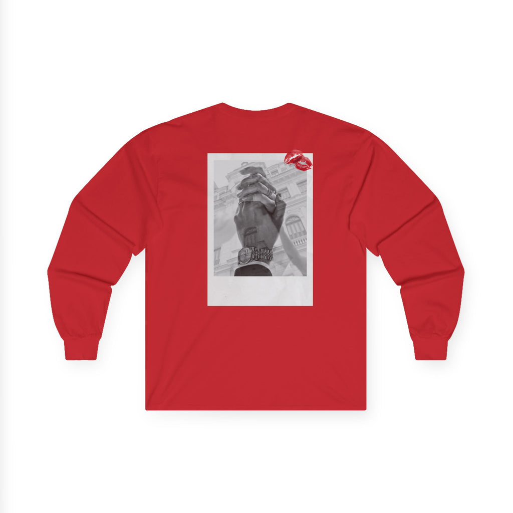 Hand Holding Rose Long Sleeve Tee | Polaroid Photo, Red Lip Print